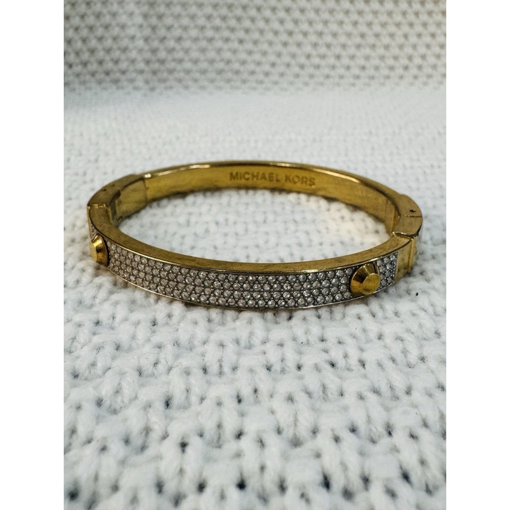 Michael Kors Gold Tone Pave Rhinestone Studded Hinge Bangle Bracelet 6.25"